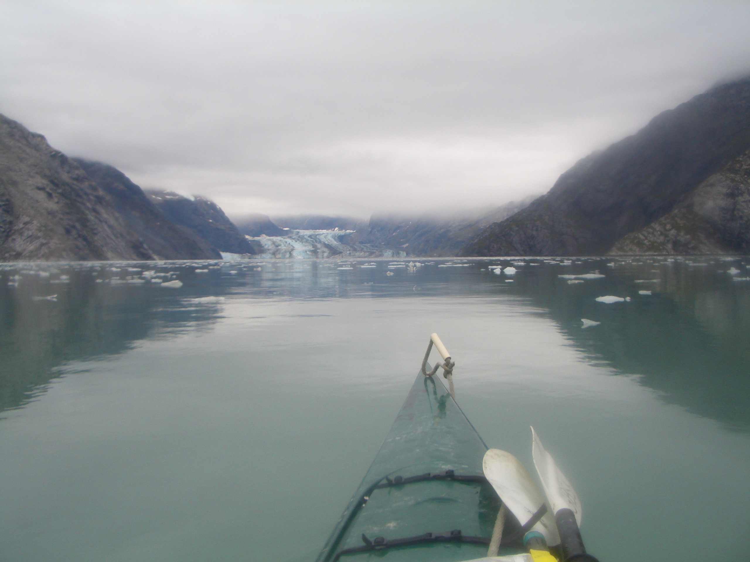 Kayakers paddling in Glacier Bay with mountains and water in the background